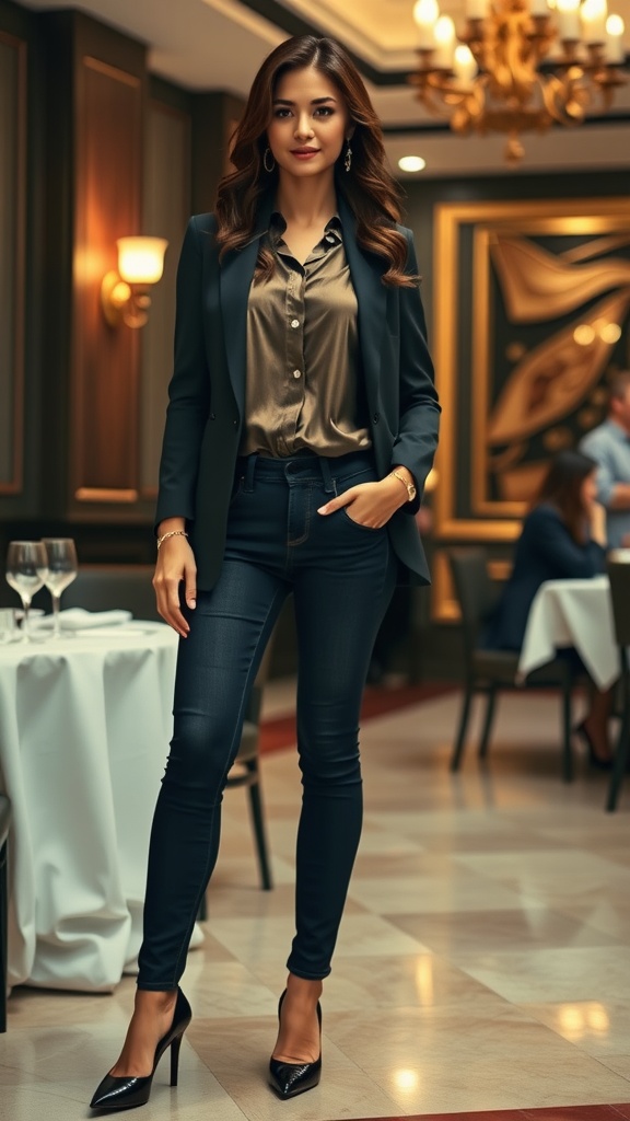 Classy Dinner Outfit with Jeans Stylish dinner outfit with jeans, blouse, and blazer, paired with heels and jewelry, in a restaurant setting.
